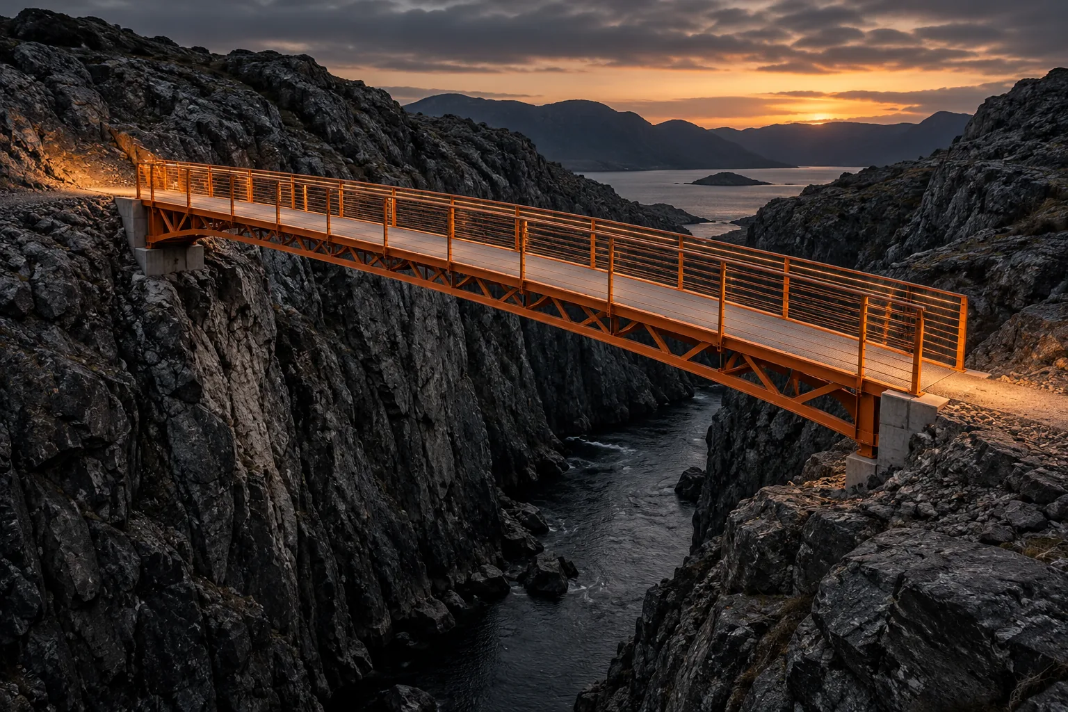 An orange bridge connects two rocky banks across a ravine.