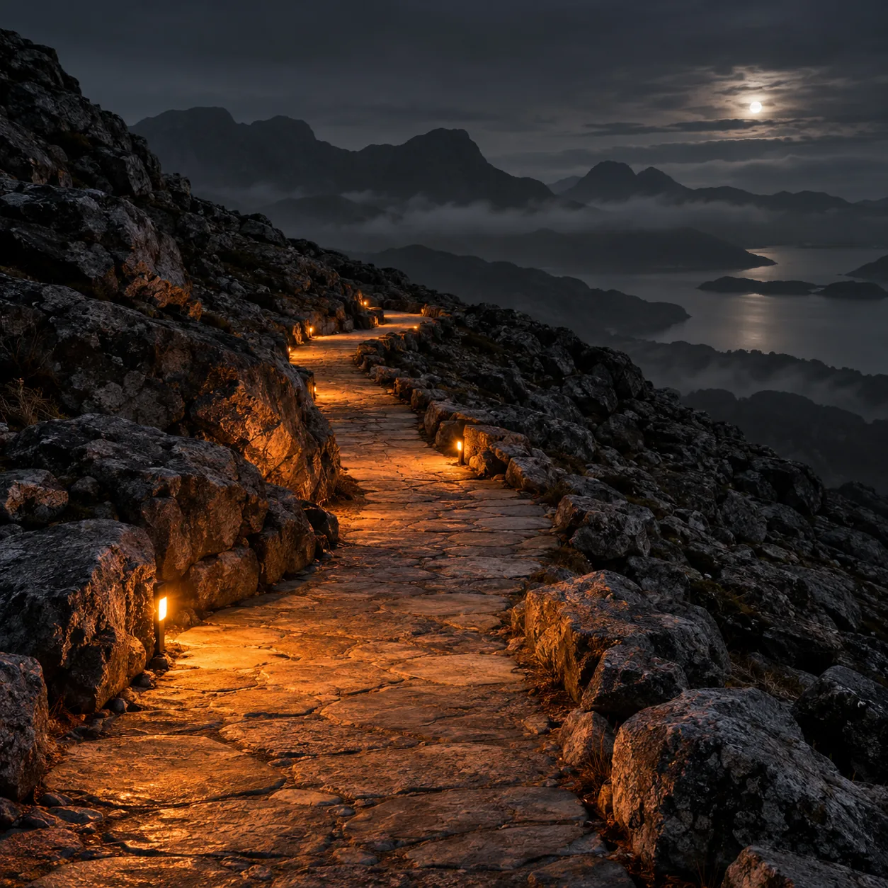 Warm orange light illuminates a stone path through a dark, rocky landscape.